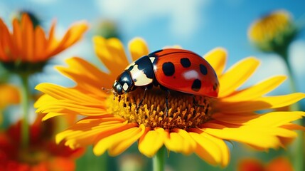 Ladybug and sunflower in the field with soft bokeh morning sun light background.