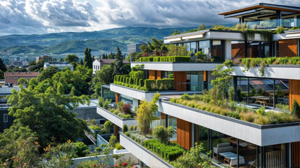 Vue aérienne d'une zone résidentielle respectueuse de l'environnement, maisons modernes équipées de systèmes de panneaux solaires et de toits végétalisés incarnant un urbanisme durable - obrazy, fototapety, plakaty