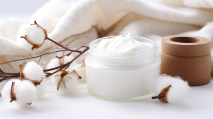 Fototapeta na wymiar Natural organic eco cosmetics. Cream with extract of Cotton on a light background