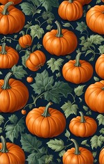seamless pattern made of pumpkins and green leaves
