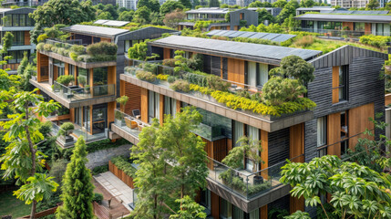 Vue aérienne d'une zone résidentielle respectueuse de l'environnement, maisons modernes équipées de systèmes de panneaux solaires et de toits végétalisés incarnant un urbanisme durable