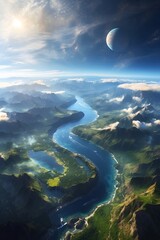 breathtaking beautiful natural photo of a landscape from top view with Sun, Moon and Earth