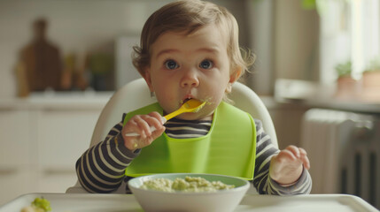 Toddler self-feeding with spoon in high chair. - obrazy, fototapety, plakaty