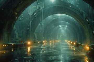 A winding tunnel illuminated by streetlights and drenched in the shimmering glow of rain, leading...