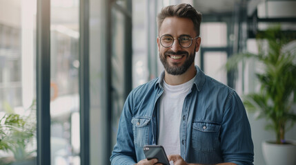 A cheerful man in glasses and a denim jacket holds a smartphone, offering a friendly smile in a well-lit modern office space.