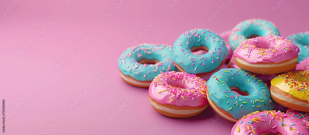 Poster a heap of delicious doughnuts decorated with colorful sprinkles placed on a vibrant pink background.