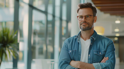 Obraz premium A poised man with glasses, wearing a casual denim shirt, gives a gentle, confident smile in a naturally lit office space.