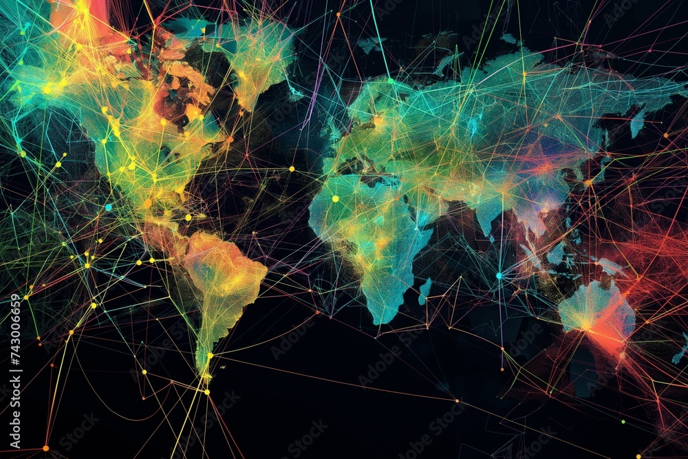 Poster a world map interconnected with vibrant geometric lines and shapes, representing geography and globa