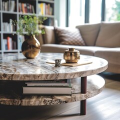Marble coffee table with gold vase in front of bookshelf in living room
