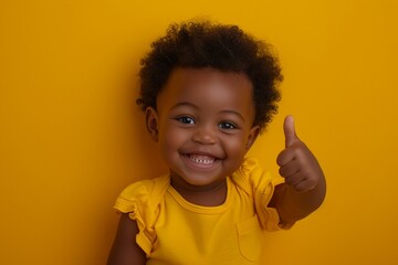 A cheerful toddler with a beaming smile, giving a thumbs up against a vibrant yellow background,