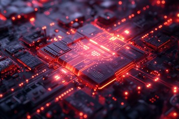 An abstract depiction of a quantum computer featuring sophisticated circuitry and glowing qubits. 