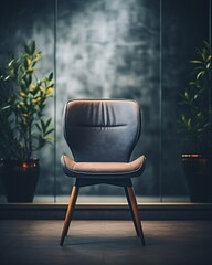 Black Leather Chair in Front of Window with Plants
