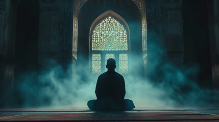 Silhouette of a man praying in a temple against the background of a sunny window, rays of the sun. Islam, Ramadan, hijab.