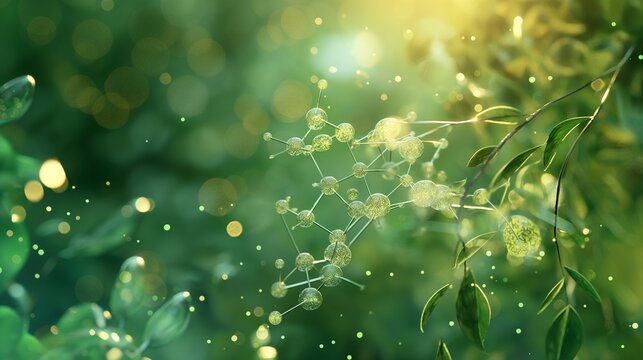 a creative depiction of a transparent photosynthesis molecule highlighting plant biology against a rich green background as light particles strike it. 