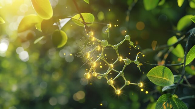 Photosynthesis molecule with light particles, transparent 3D render on green background, plant biology science