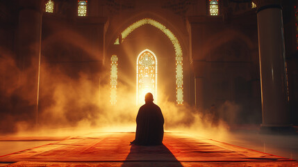 Silhouette of a man praying in a temple against the background of a sunny window, rays of the sun. Islam, Ramadan, hijab.