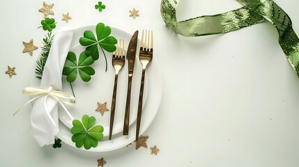 Top view Festive table setting for St.Patrick's day with cutlery, decorative clover leaves, gift and gold stars on white table - Powered by Adobe