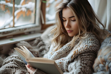 Young caucasian woman reading a book at home.