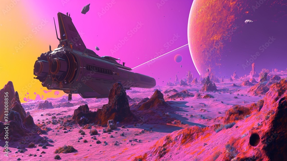Poster an image of a large, advanced space station orbiting a colorful, unexplored planet in a distant gala