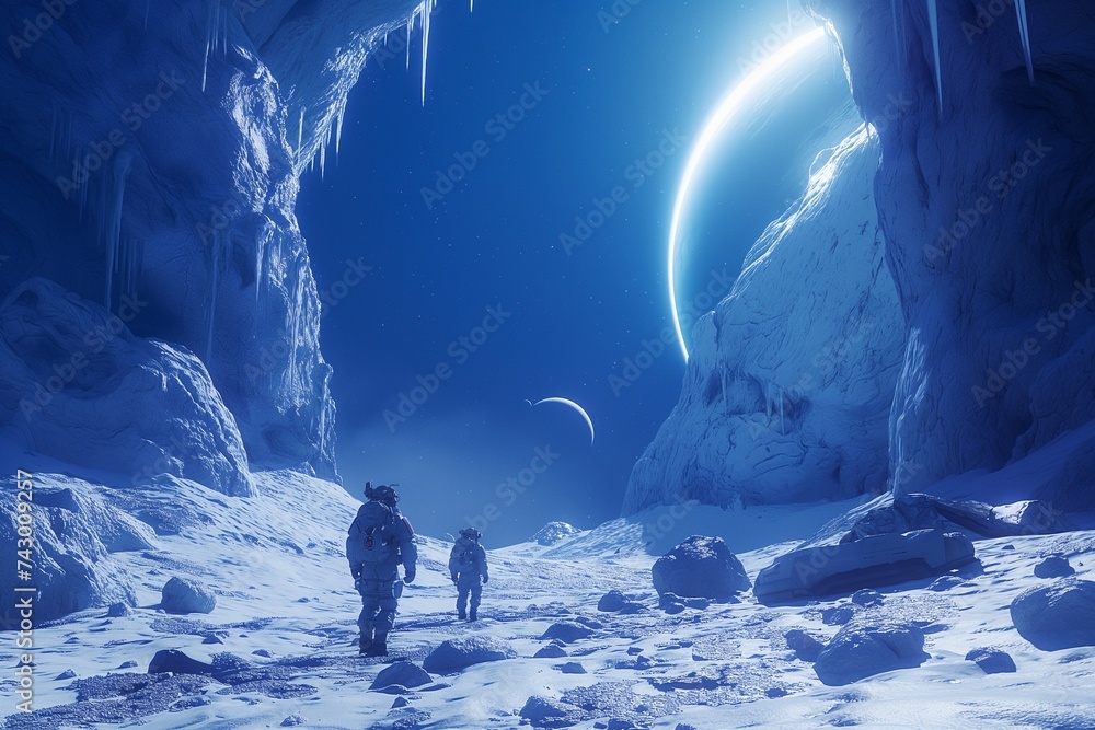 Poster an image of space explorers discovering a frozen, mysterious world, with strange structures visible 