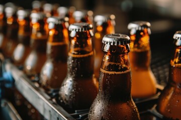 Close-up of brown beer bottles with caps on a production line, condensation visible, warm lighting