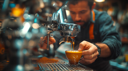 Professional espresso machine while preparing espresso shot in a coffee shop. Close-up of espresso pouring from the coffee machine