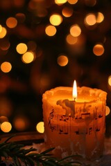 Candlelight with musical score sheets in warm ambience. Christmas candle with music notes glowing...