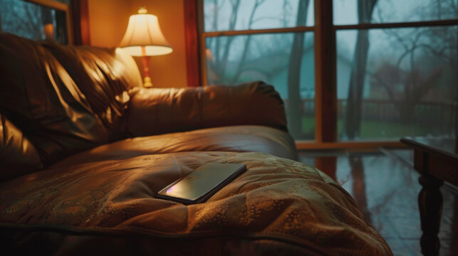 A smartphone with clear screen on a plush couch with natural lighting. Relaxed evening setting with personal technology on soft cushions of an elegant sofa.