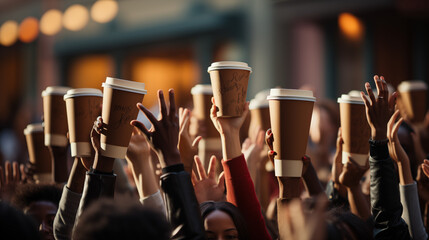 Many different arms raised up holding coffee cups. People hands holding cups of coffee.  - obrazy, fototapety, plakaty