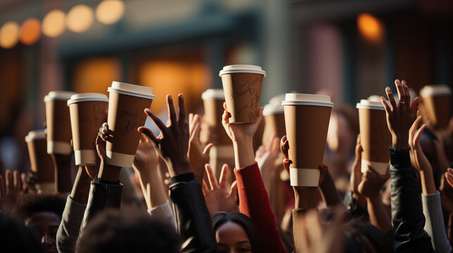 Many different arms raised up holding coffee cups. People hands holding cups of coffee. 