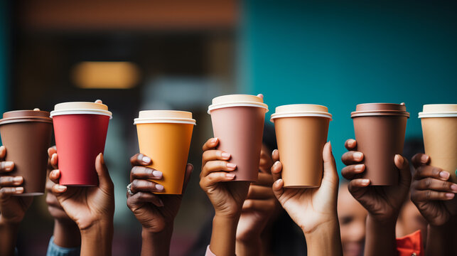 Many different arms raised up holding coffee cups. People hands holding cups of coffee. 