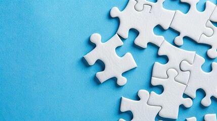 Obraz premium An unfinished white puzzle on a blue background symbolizes collaboration and problem-solving