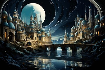 a castle with a bridge over a river at night with a full moon in the background