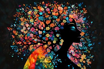 Vibrant colorful Tree Goddess, Flower Woman silhouette on clear black background