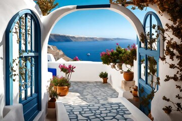 view of arched gate with a view to the sea beach living Santorini island style - obrazy, fototapety, plakaty