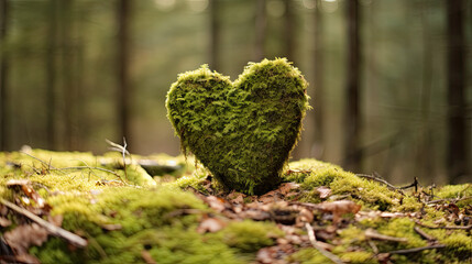 Closeup of wooden heart on moss. Natural burial grave in the woods - obrazy, fototapety, plakaty