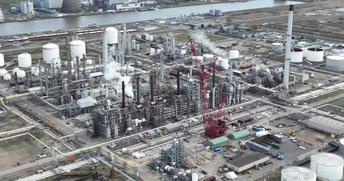 Detail view of petrochemical complex of factories in the Moerdijk port and industrial area. Birds eye aerial drone view. The company processes naphtha , gas oil and LPG from refineries into basic