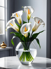 Elegant Serenity: Snow-White Callas in Water-filled Vase. generative AI