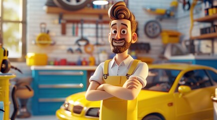 Fototapeta premium Personnage cartoon d'un garagiste automobile souriant, dans son atelier de réparation.
