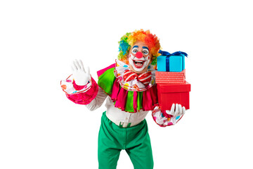 Funny clown with gifts. Entertainer Joker in colorful suit and wig. Buffoon pantomime, mime with...