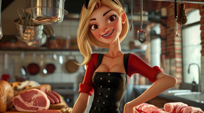 Personnage cartoon d'une femme boucher charcutier souriante, dans sa boutique.