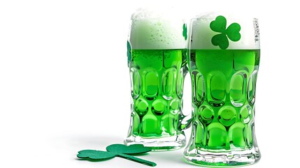 Two green beer's with clovers for St Patrick's day isolated on a white background