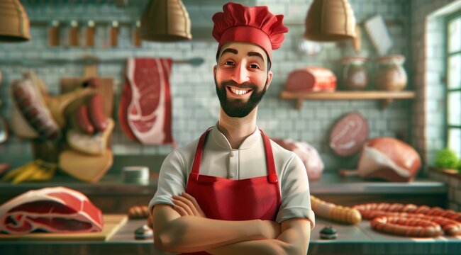 Personnage cartoon d'un homme boucher charcutier souriant, dans sa boutique.