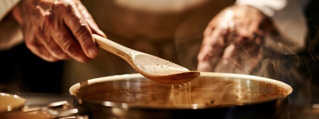 close view of hands of hands over the saucepan with a wooden spoon, professional food photography, detailed view, delicious scent in the air - obrazy, fototapety, plakaty