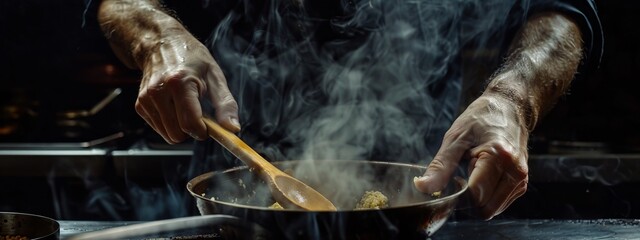 close view of hands of hands over the saucepan with a wooden spoon, professional food photography, detailed view, delicious scent in the air