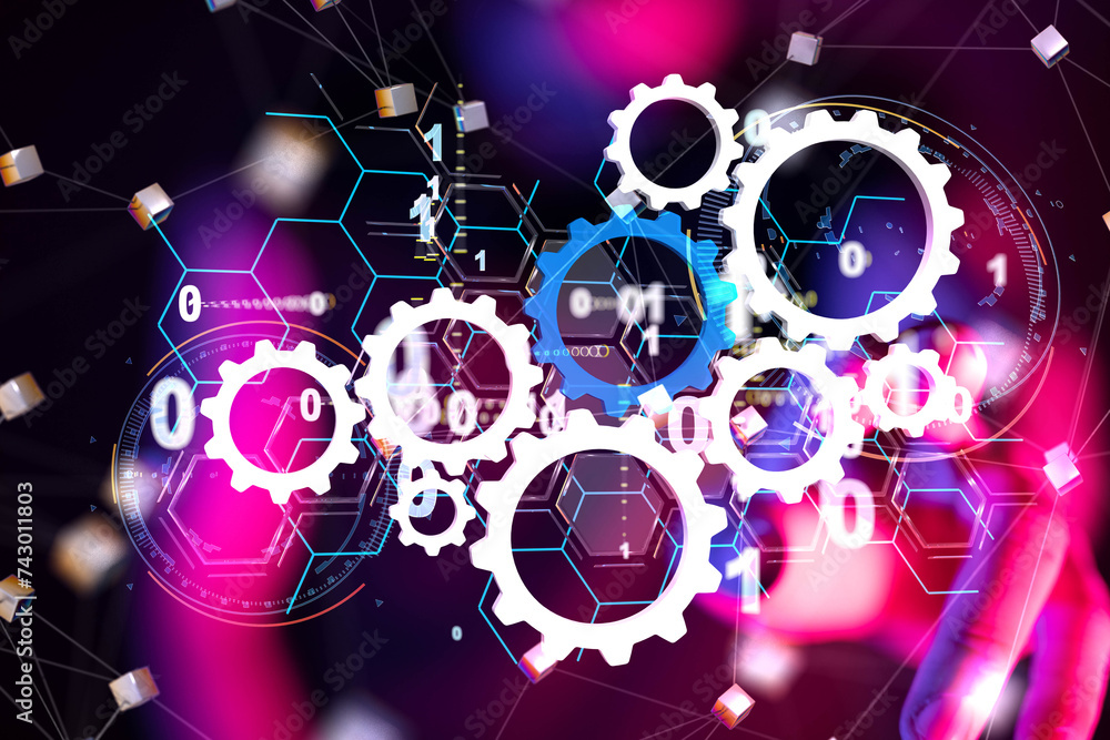 Poster Neural network 3D illustration. Big data and cybersecurity