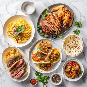 res american feast food photography image, include fish tacos, whole roast chicken, spaghetti with bolognese, grilled steak, side dishes, and spices or seasonings in small ceramic ramekins on a white 