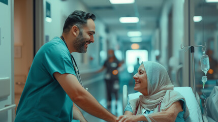 male healthcare professional in scrubs is smiling and conversing with a female patient , who is sitting in a hospital bed and also smiling. - obrazy, fototapety, plakaty