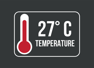 27° C. Vector temperature thermometer in degrees celsius isolated on dark background