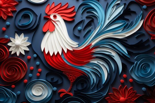 Rooster symbol France. Close-up of a rooster in the color of the French flag. Paper Rooster. Paper art. Paper Crafts